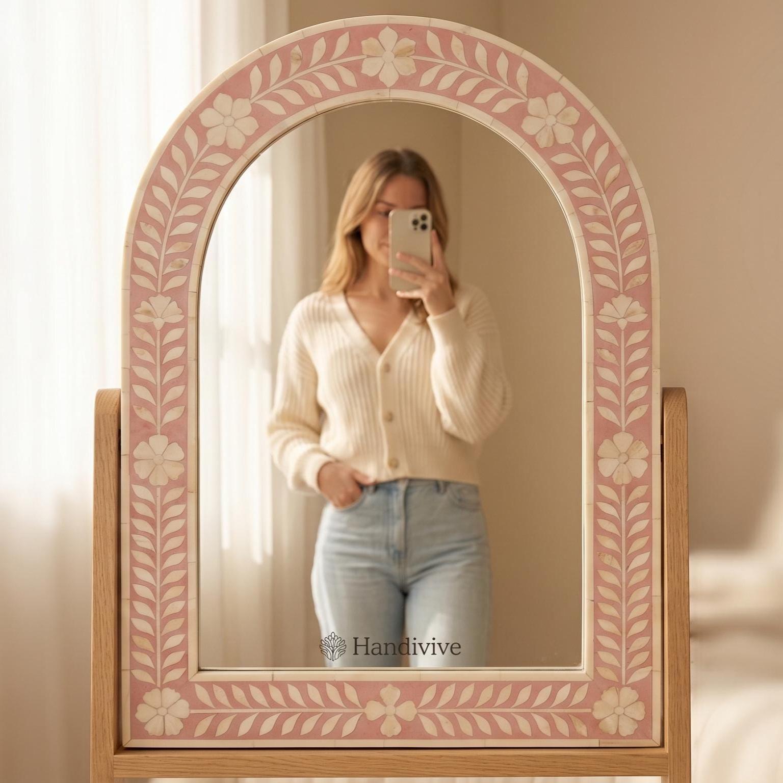 Floral Arch Mirror Pink Bone Inlay Wall Hanging Decor - Alternate View 2