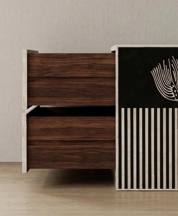 bone inlay Floral Protea Nightstand Handmade Side Table - Room Setting