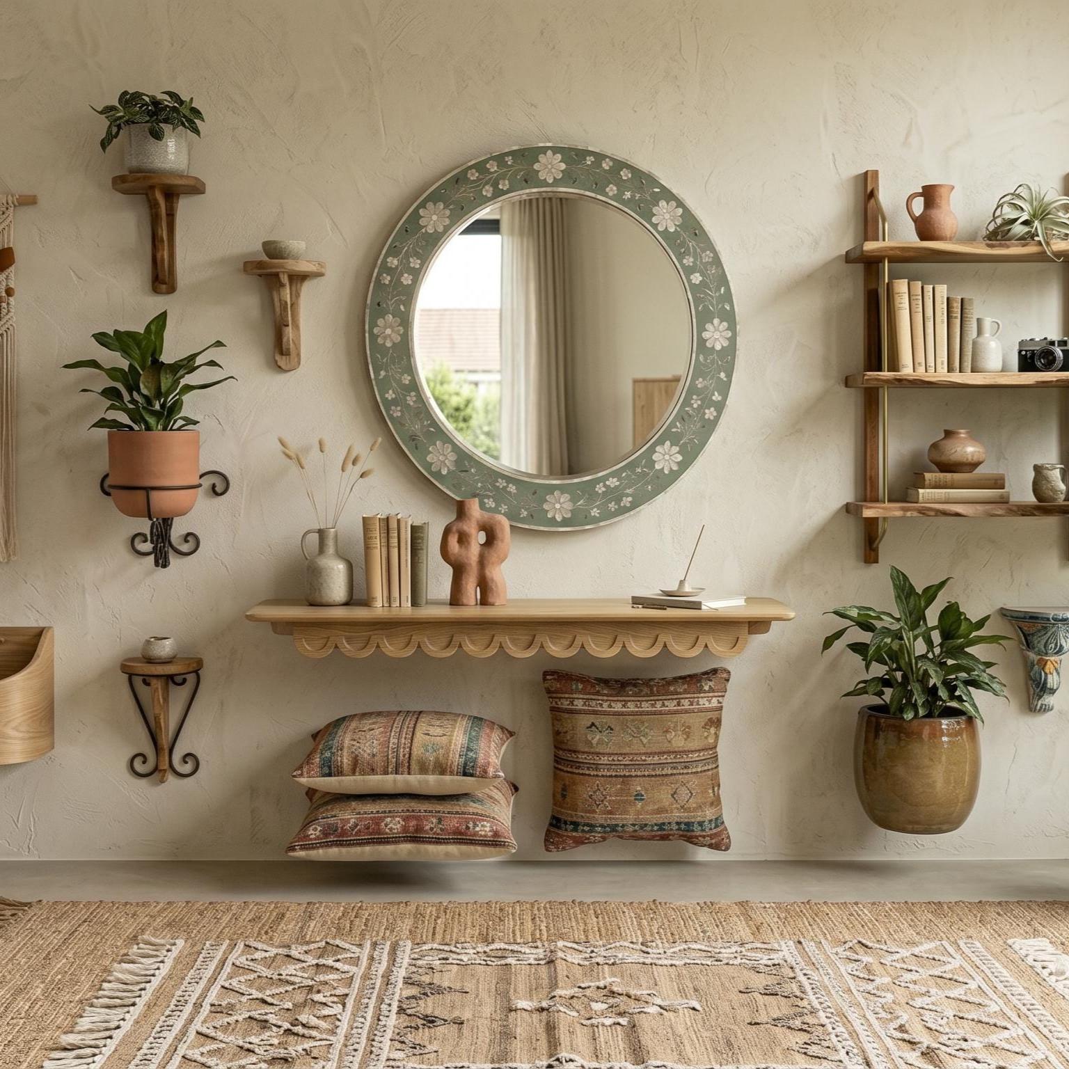 Sage Green Mother of Pearl Floral Inlay Mirror Luxury Wall Decor - Alternate View 1