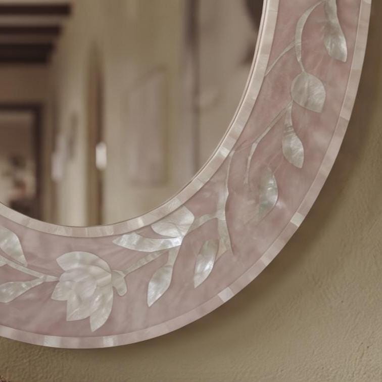 Oval Mother of Pearl Inlay Mirror Dusty Blush Pink , Magnolia Garden MOP Wall Mirror - Detail Close-up
