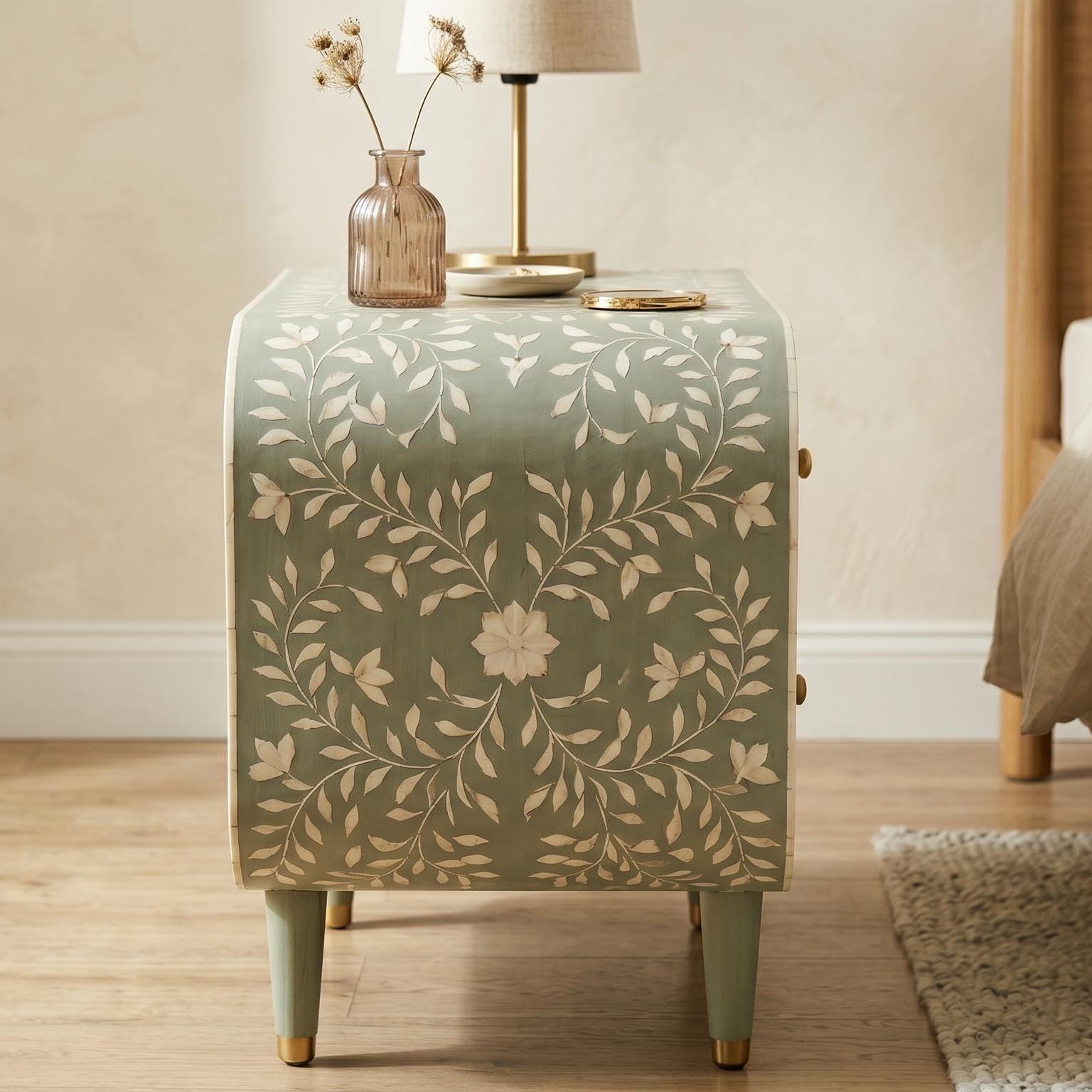 Sage Green Bone Inlay Nightstand Rounded Luxury Design - Room Setting