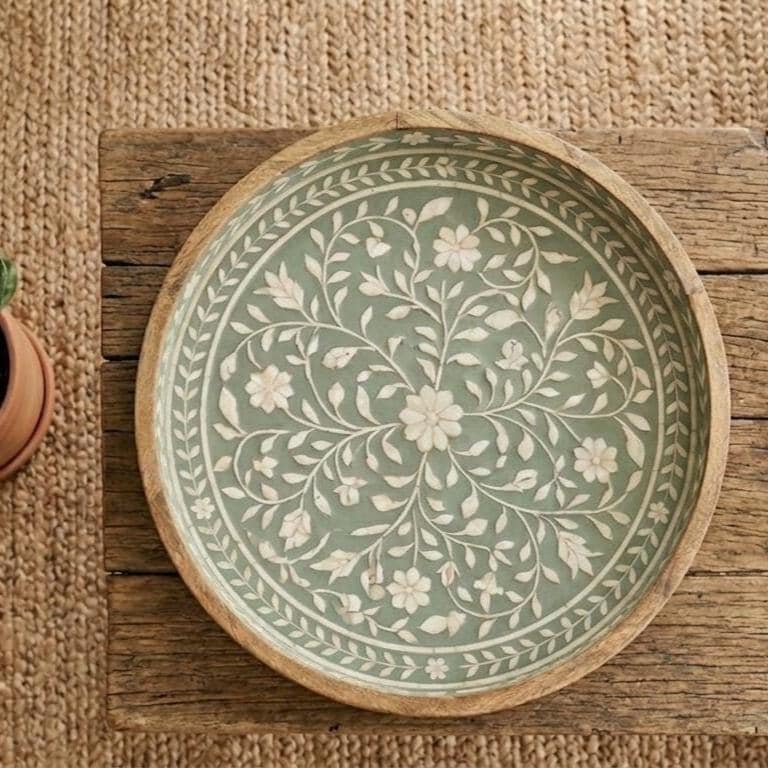 Sage Green Bone Inlay Round Tray Floral Vine Serving Tray vanity Decor