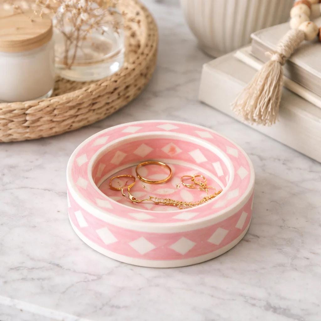 Pink Bone Inlay Trinket Tray Round Jewelry Dish Handmade Vanity Decor - Side Angle