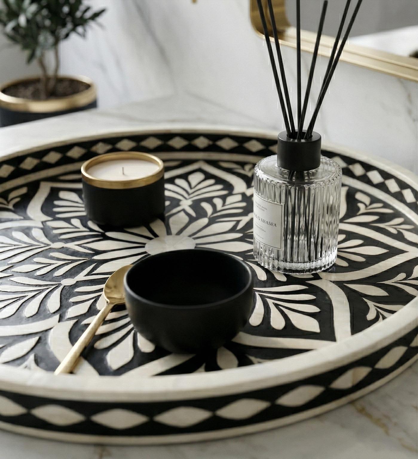 Round Tray Floral Bone Inlay Handmade Serving Vanity Decor - Detail Close-up