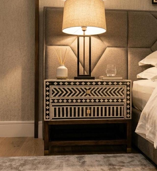 Geometric Bone Inlay Nightstand Storage , end table unique bedside - Full Profile