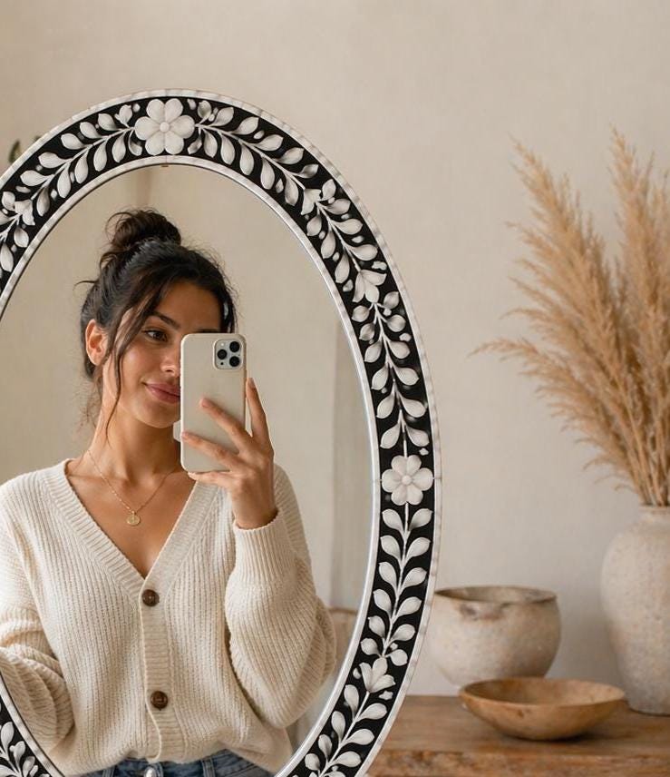 Black White Floral Oval Mirror Bone Inlay Handmade Wall Vanity Decor - Room Setting