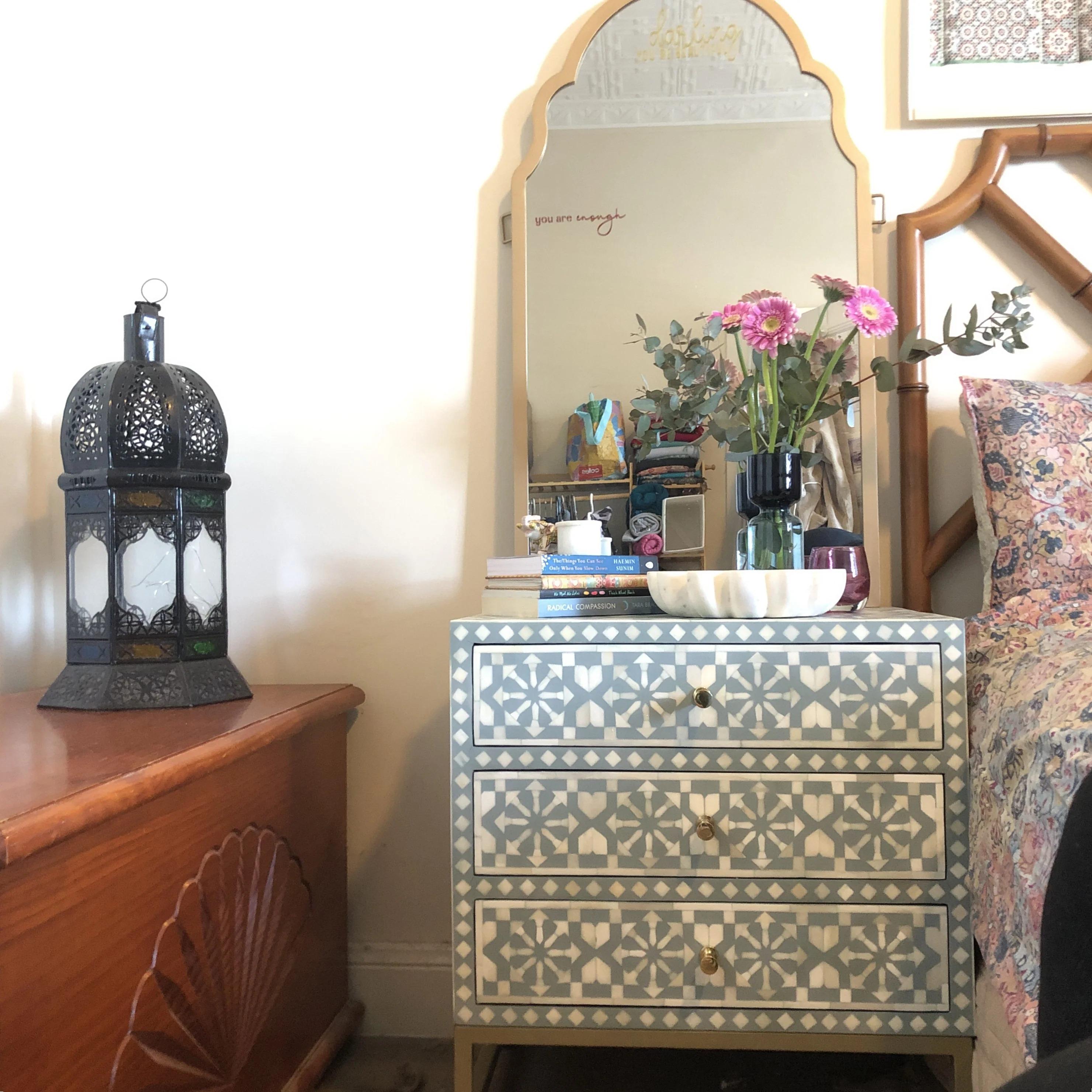 Moroccan Pattern Bone Inlay bedside Handmade Nightstand unique - Side Angle