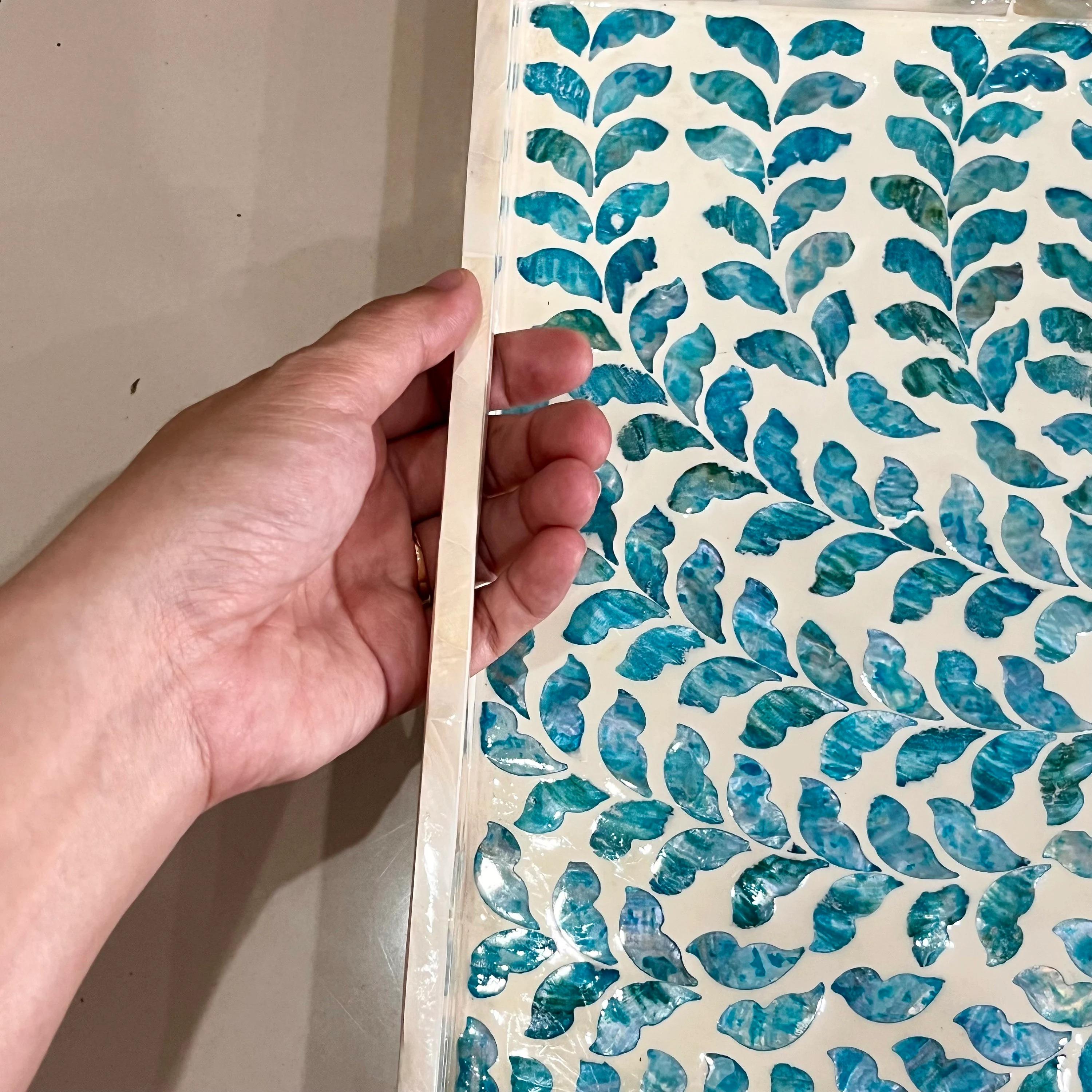 Handmade Blue Mother of Pearl Inlay Serving Tray | Rectangular 35x25cm Botanical MOP Home Decor - Room Setting