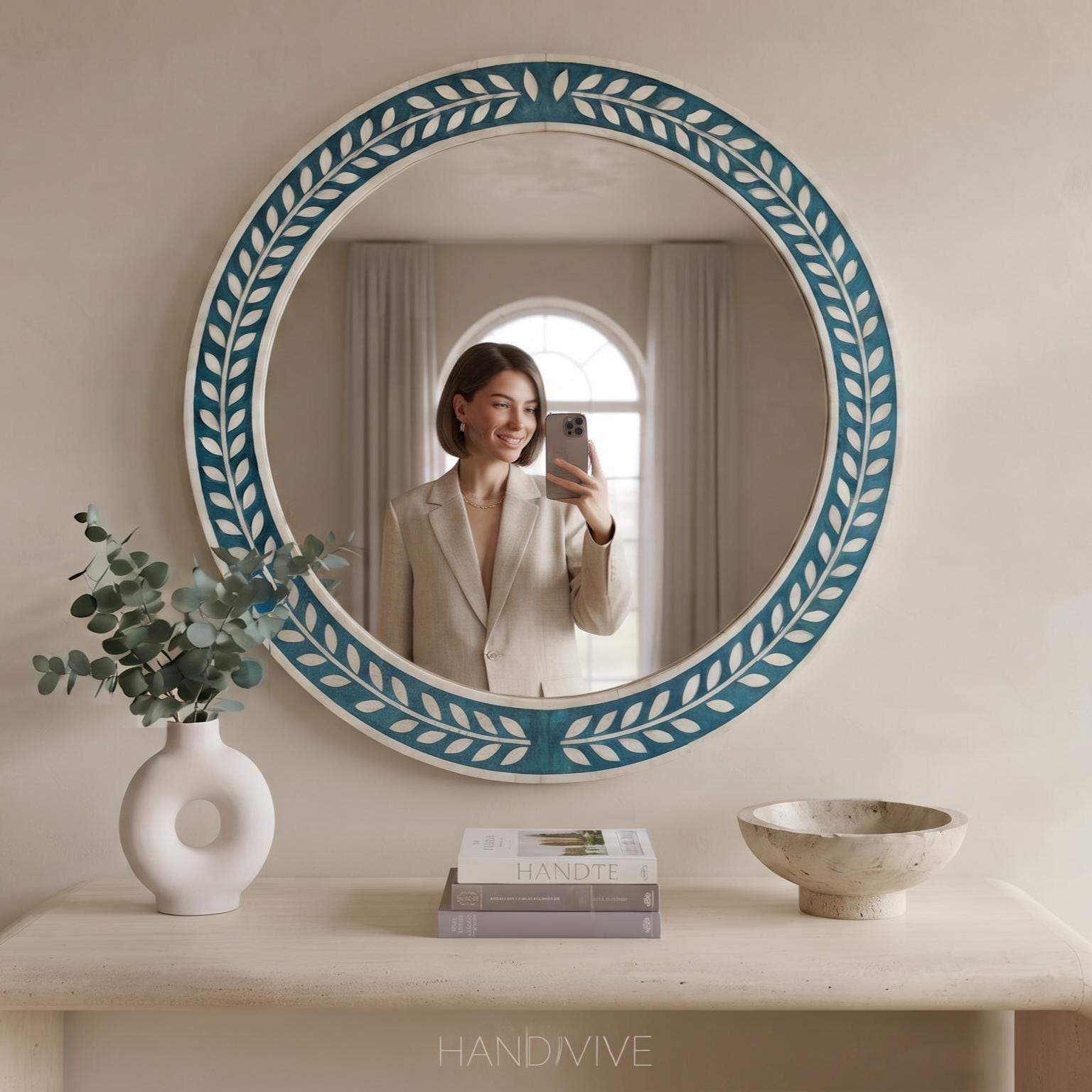 Handmade Turquoise Round Bone Inlay Wall Mirror