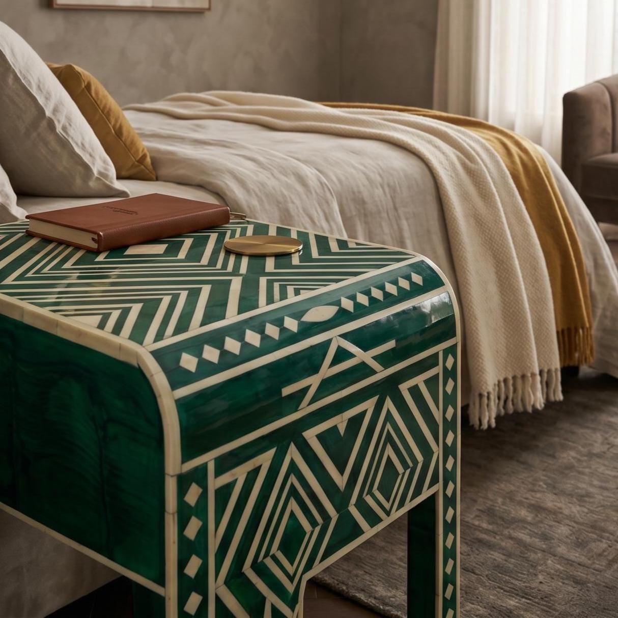Emerald Green Bone Inlay Bedside Table Geometric Waterfall Design - Room Setting