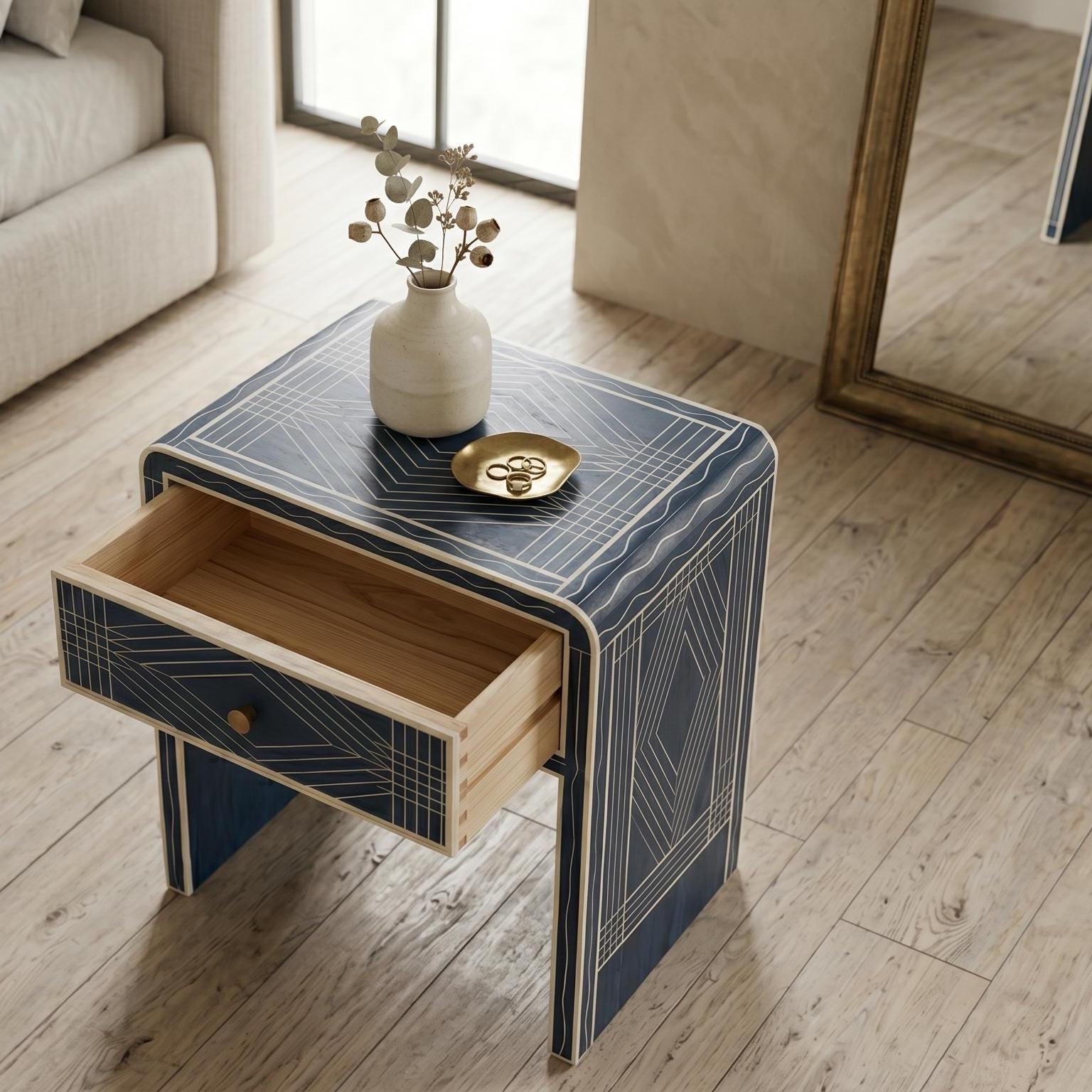 Navy Blue Bone Inlay Bedside Table Minimal Checker Pattern - Room Setting