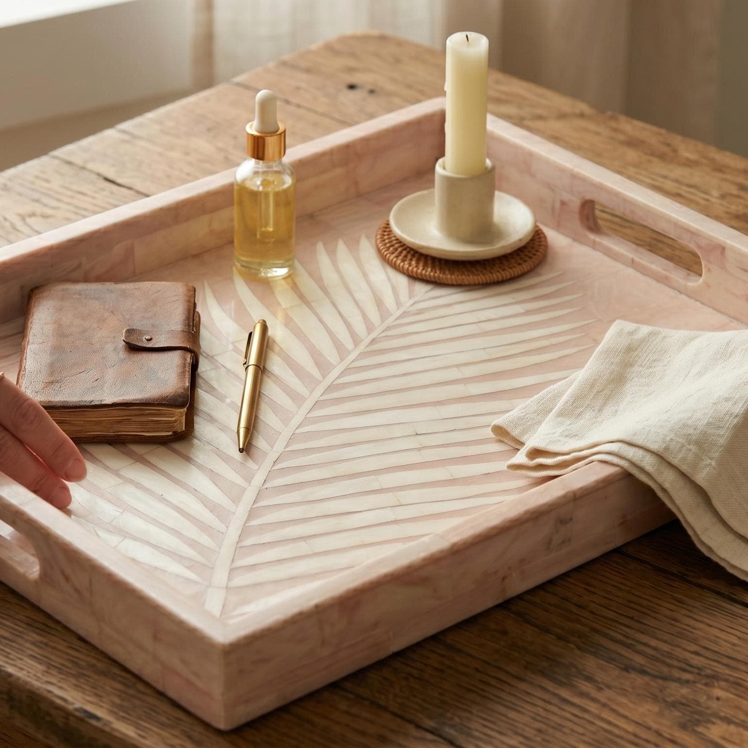 Pink Palm Leaf Tray Bone Inlay Decorative Vanity Tray - Full Profile
