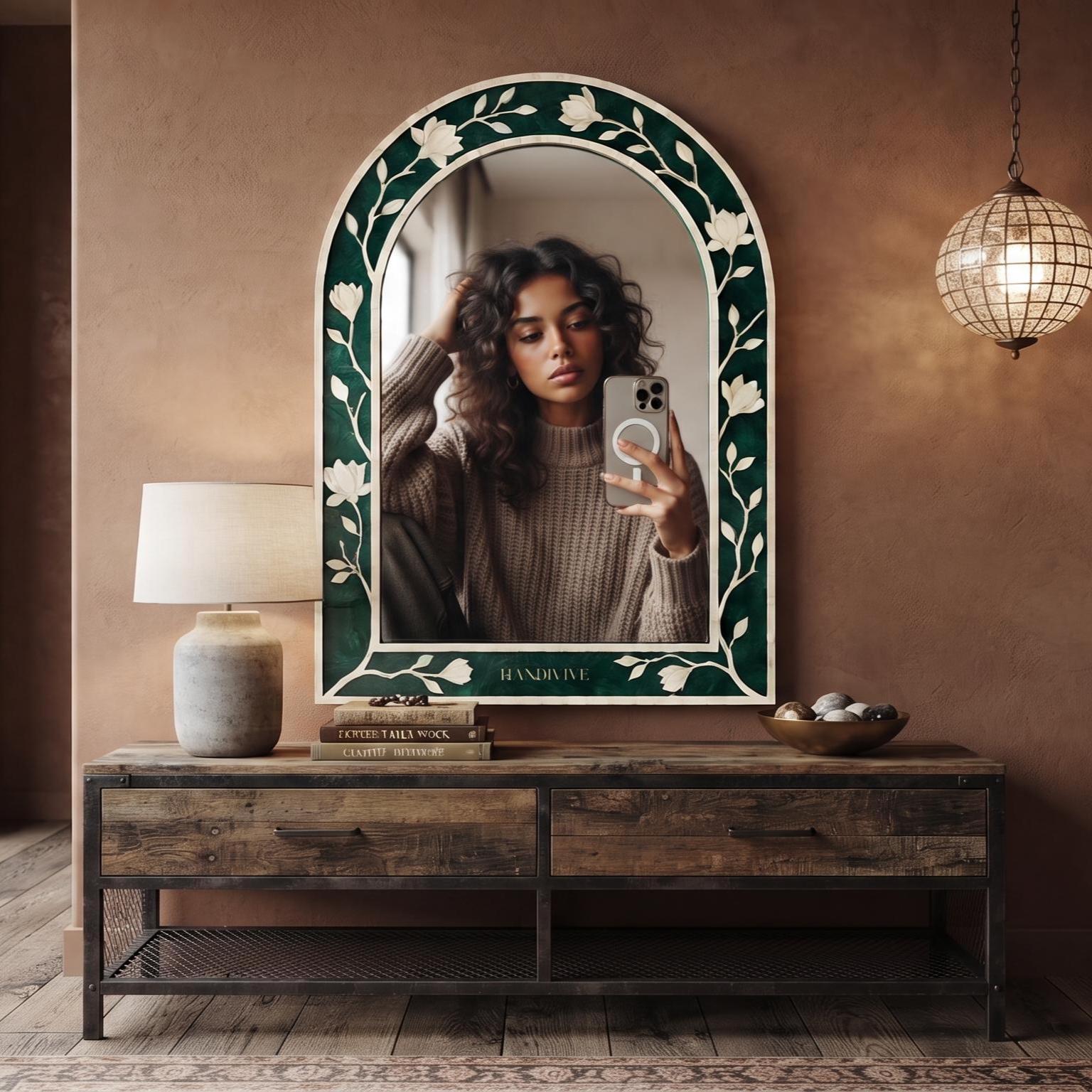 Emerald Green Magnolia Bone Inlay Arch Mirror Handmade - Alternate View 1