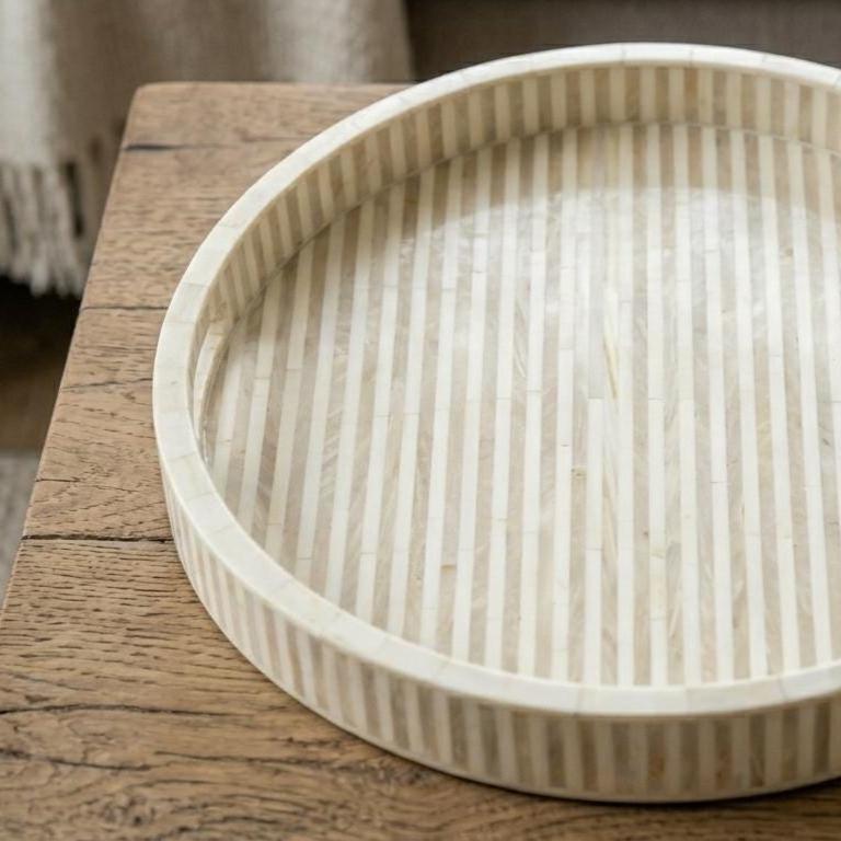 Round Serving Tray Bone Inlay Stripe Pattern Handmade vanity Decor - Side Angle
