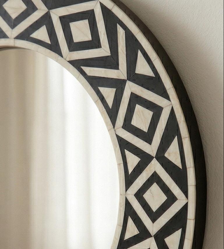 Black White Bone Inlay Mirror – Round Geometric Handmade Modern Wall Decor |unique mirror - Detail Close-up