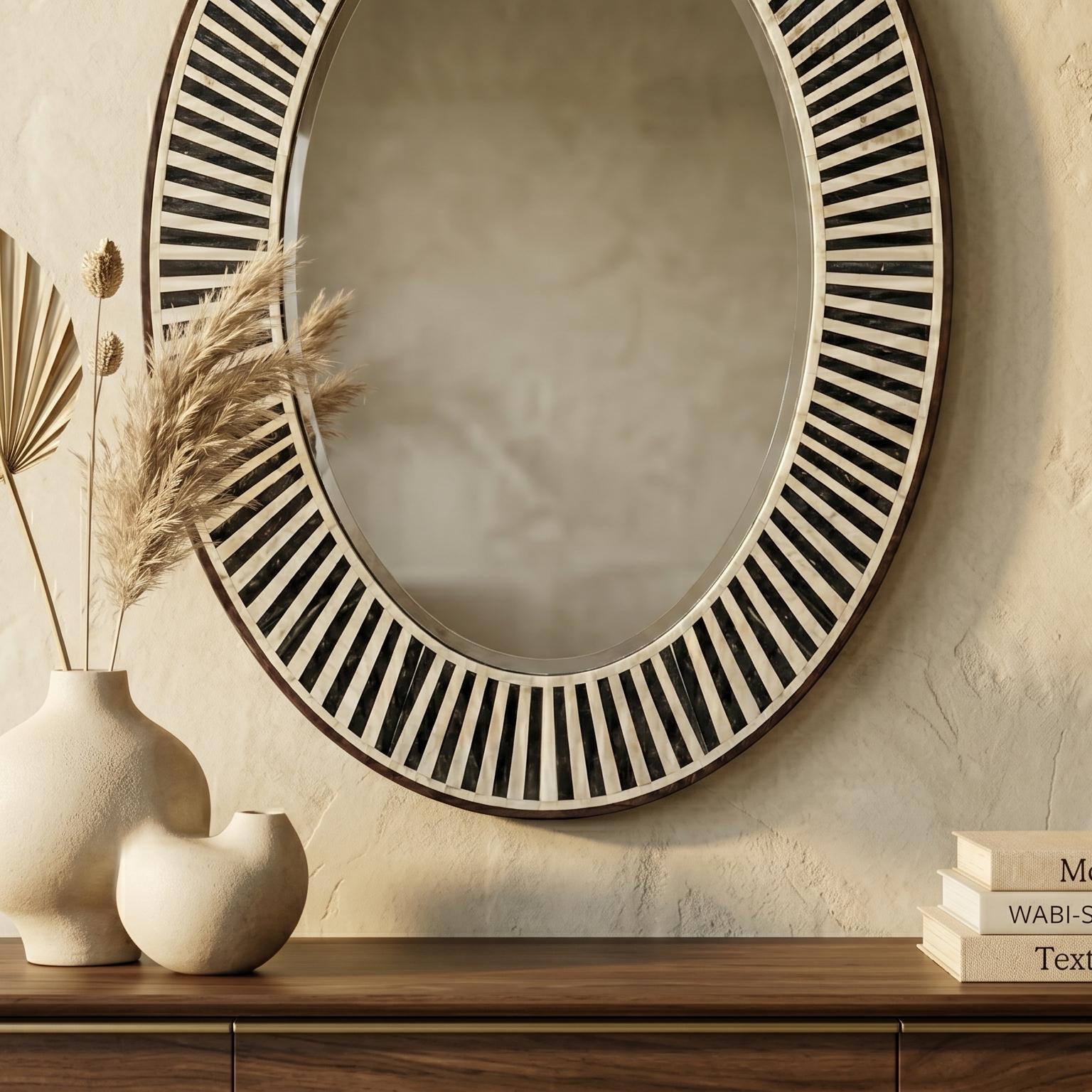 Oval Bone Inlay Mirror Black White Stripe Vanity Decor - Room Setting