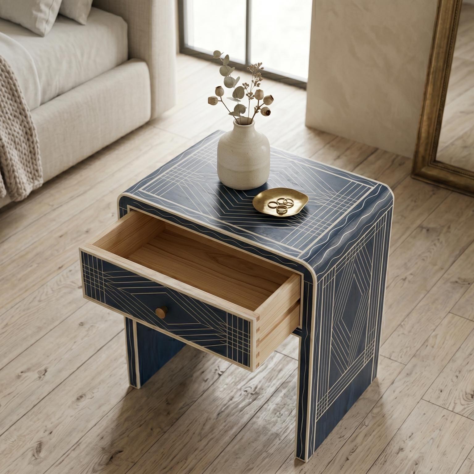 Navy Blue Bone Inlay Bedside Table Minimal Checker Pattern - Side Angle