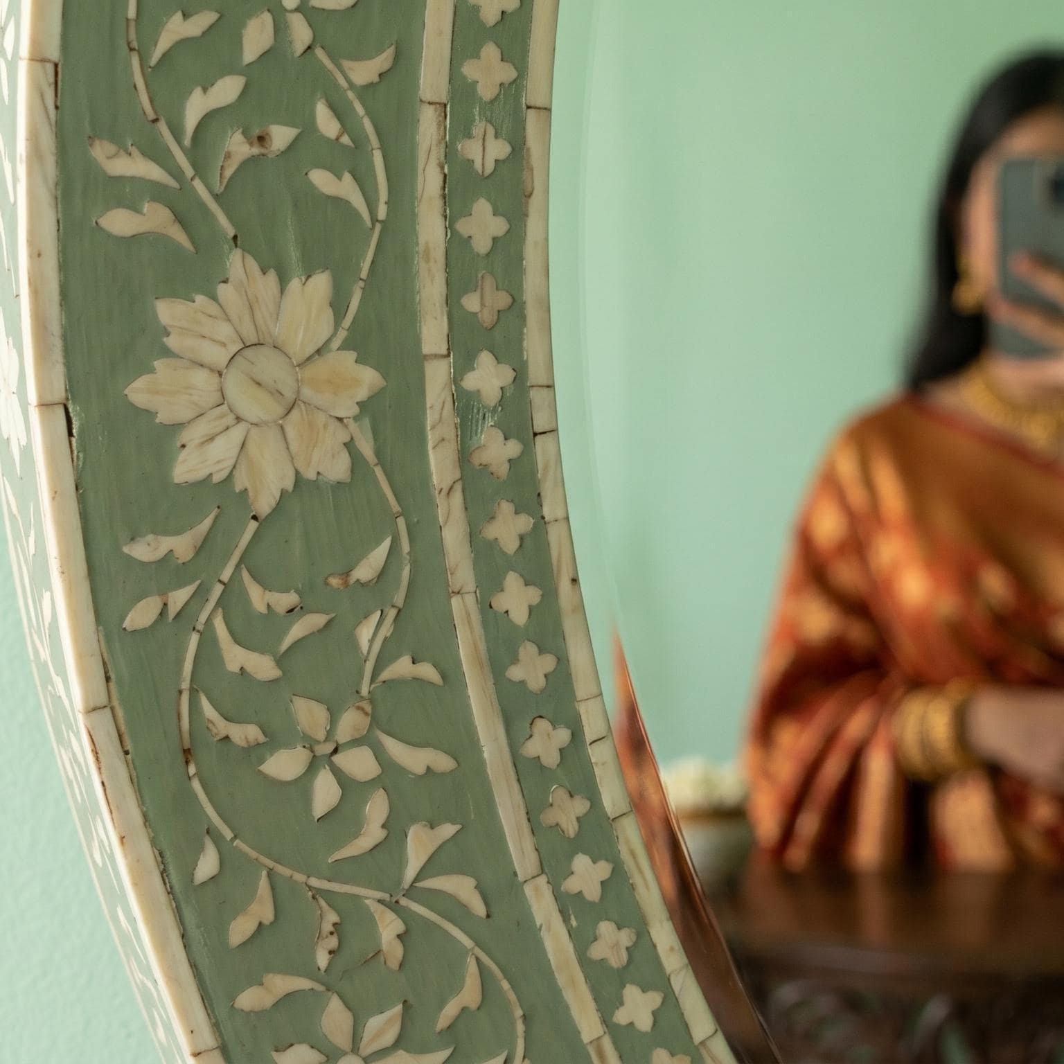 Vintage Indian Oval Mirror Sage Green Floral Bone Inlay Wall Decor - Side Angle