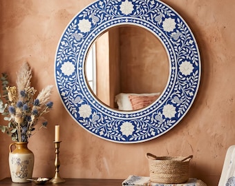 Blue White Floral Wall Mirror Bone Inlay Handmade Vanity Bathroom Decor