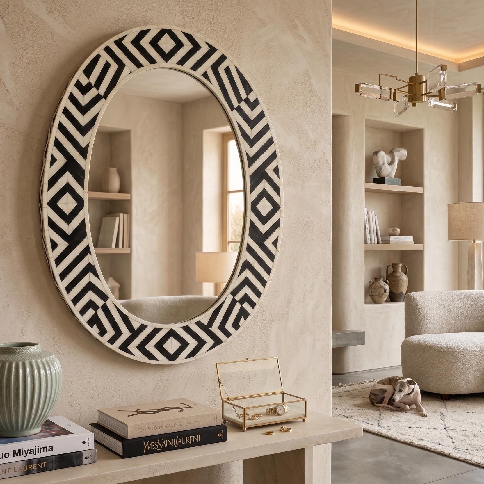 Luxury Oval Bone Inlay Mirror Geometric Pattern Handmade Wall Mirror | unique mirror - Alternate View 1