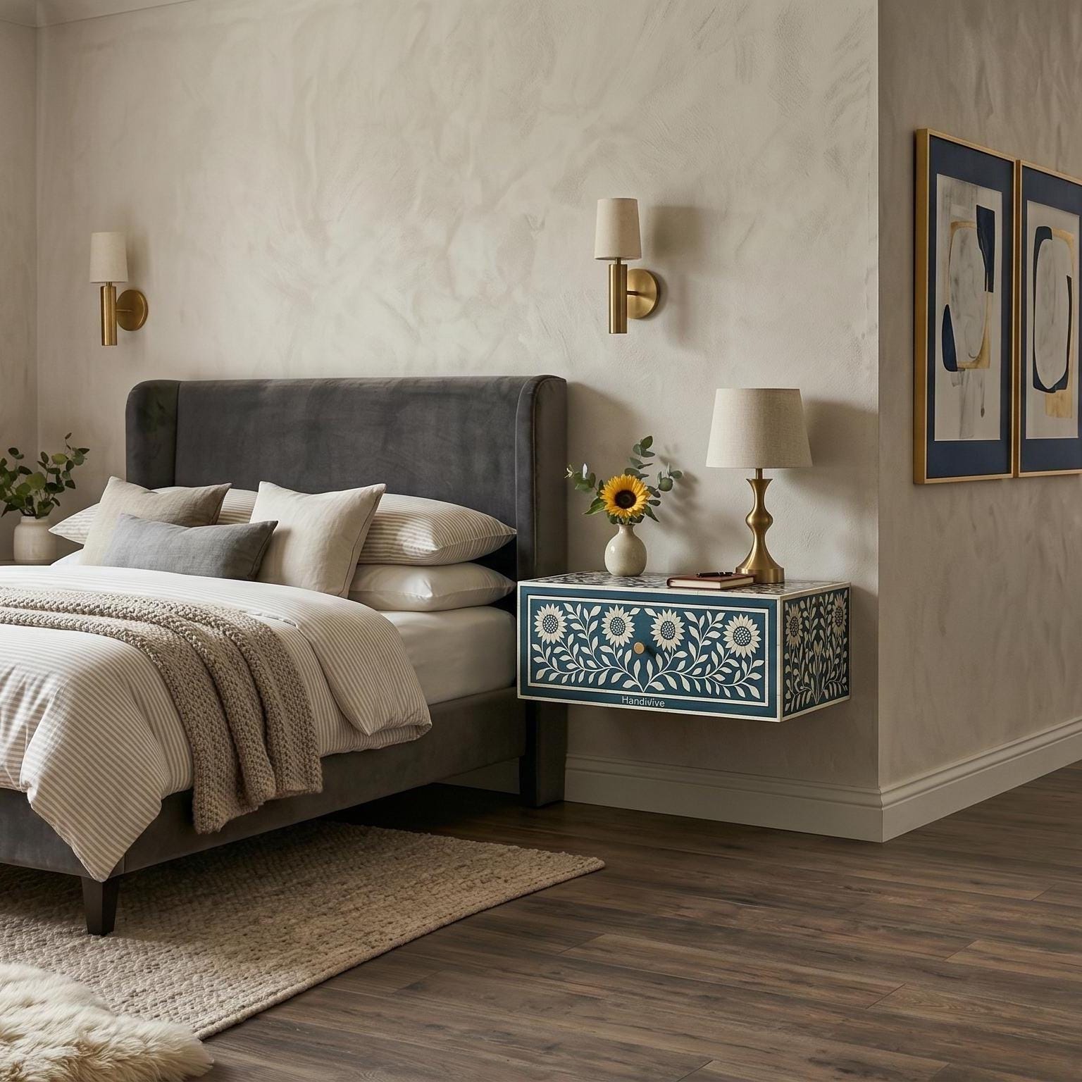 Sunflower Bone Inlay Floating Bedside Table Wall Mounted - Side Angle