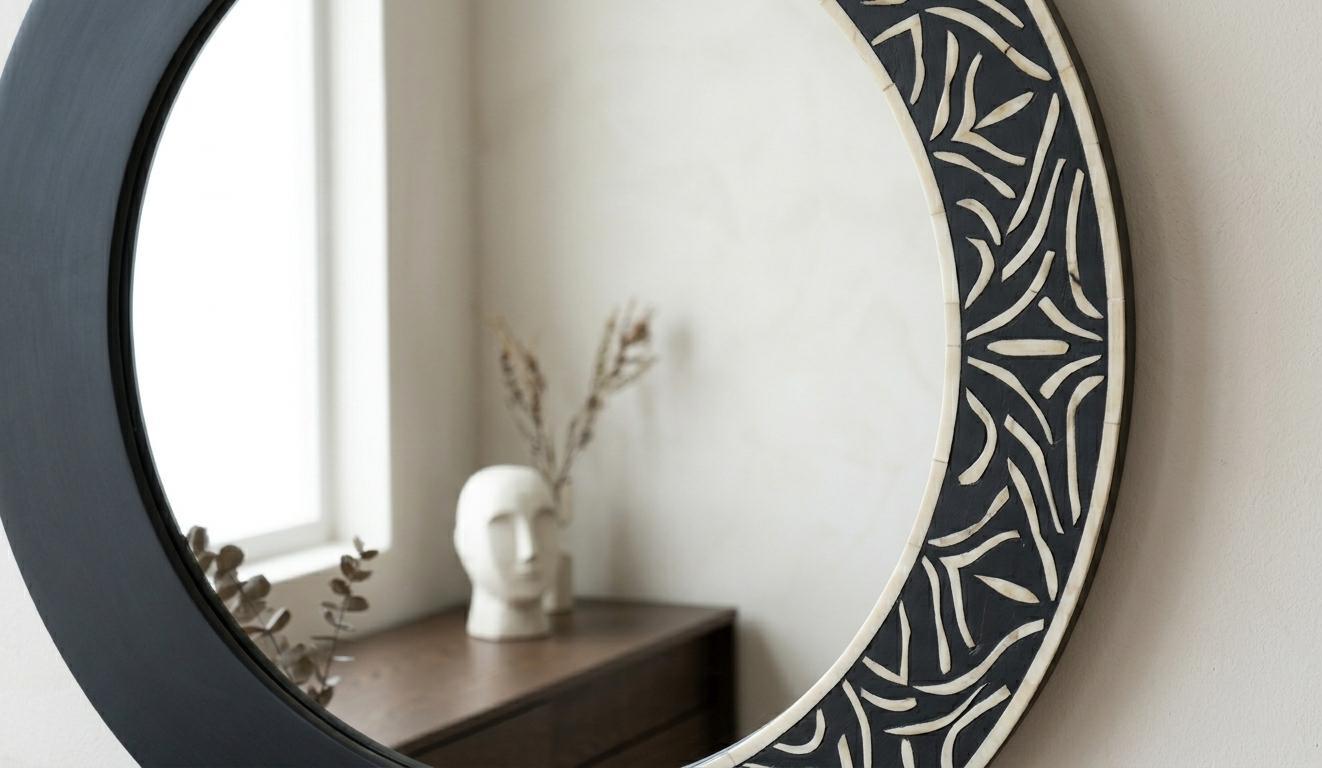 Handcrafted Bone Inlay Mirror | Half Plain, Half Abstract Pattern, Modern Design - Side Angle