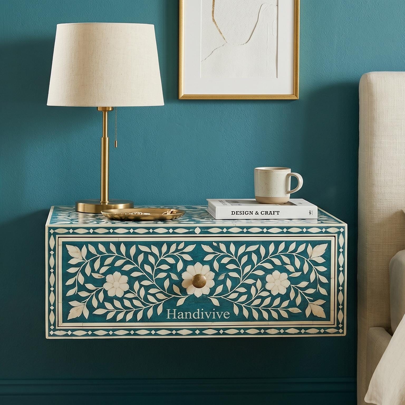 Wall Mounted Bone Inlay Bedside Table Deep Turquoise floral Design - Full Profile