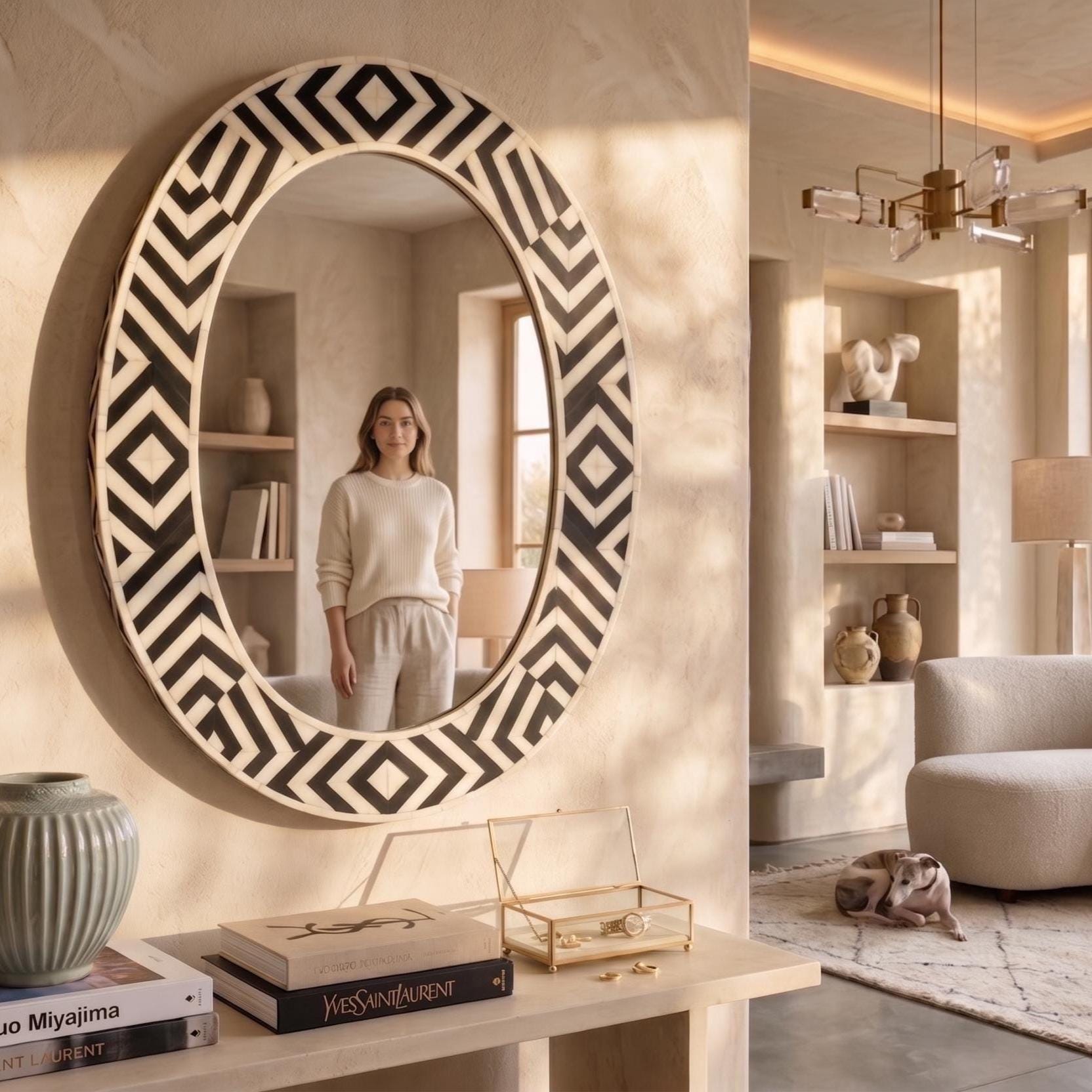 Luxury Oval Bone Inlay Mirror Geometric Pattern Handmade Wall Mirror | unique mirror - Side Angle