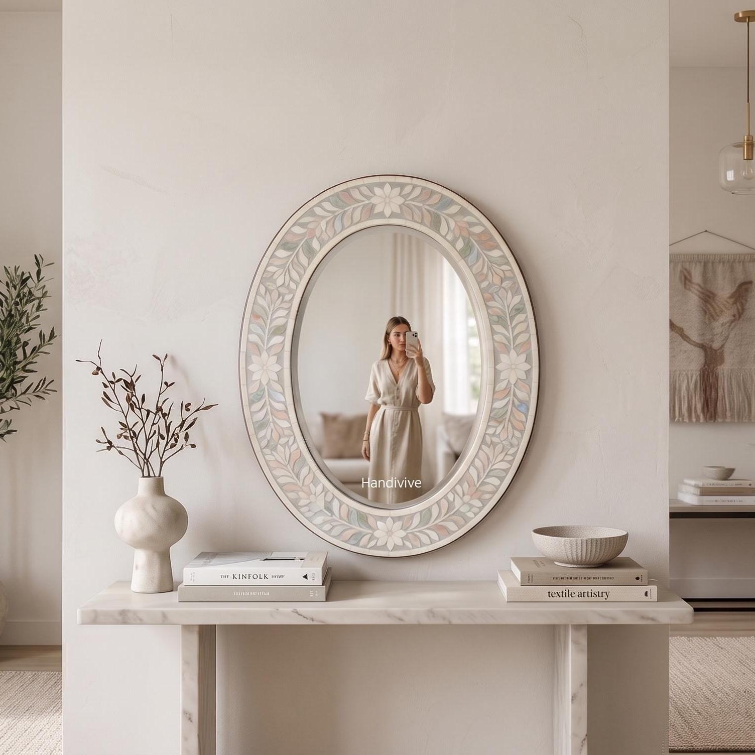 Oval Bone Inlay Floral Mirror – Boho Home Decor, Artisan Crafted Ivory Floral Wall Accent - Style View