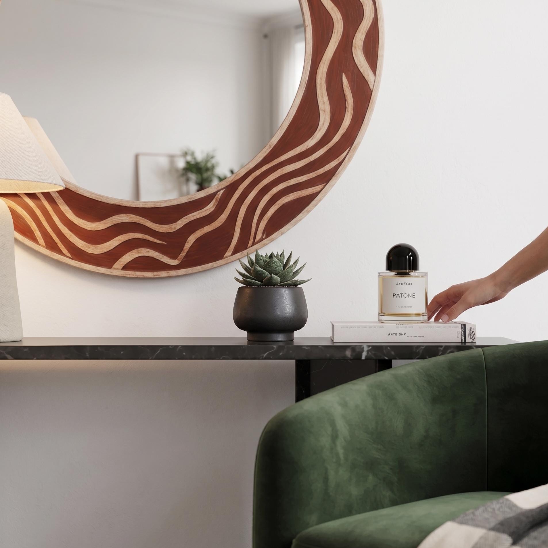 Terracotta Bone Inlay Mirror – Handmade Round Wavy Organic Wall Decor | unique mirror - Room Setting