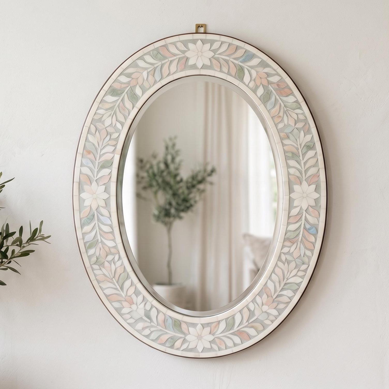 Oval Bone Inlay Floral Mirror – Boho Home Decor, Artisan Crafted Ivory Floral Wall Accent - Room Setting