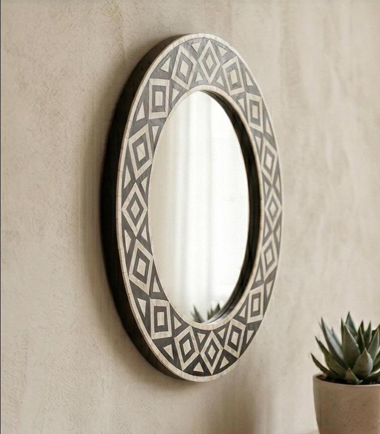 Black White Bone Inlay Mirror – Round Geometric Handmade Modern Wall Decor |unique mirror - Room Setting