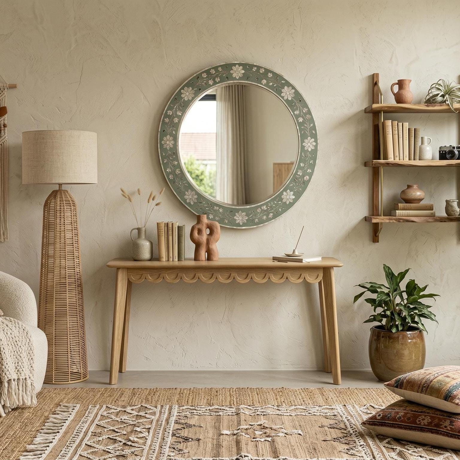 Sage Green Mother of Pearl Floral Inlay Mirror Luxury Wall Decor - Side Angle