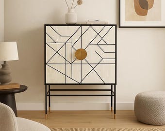 Mueble bar de lujo hecho a mano con incrustaciones de hueso y diseño de ladrillo, ideal para almacenar licores.