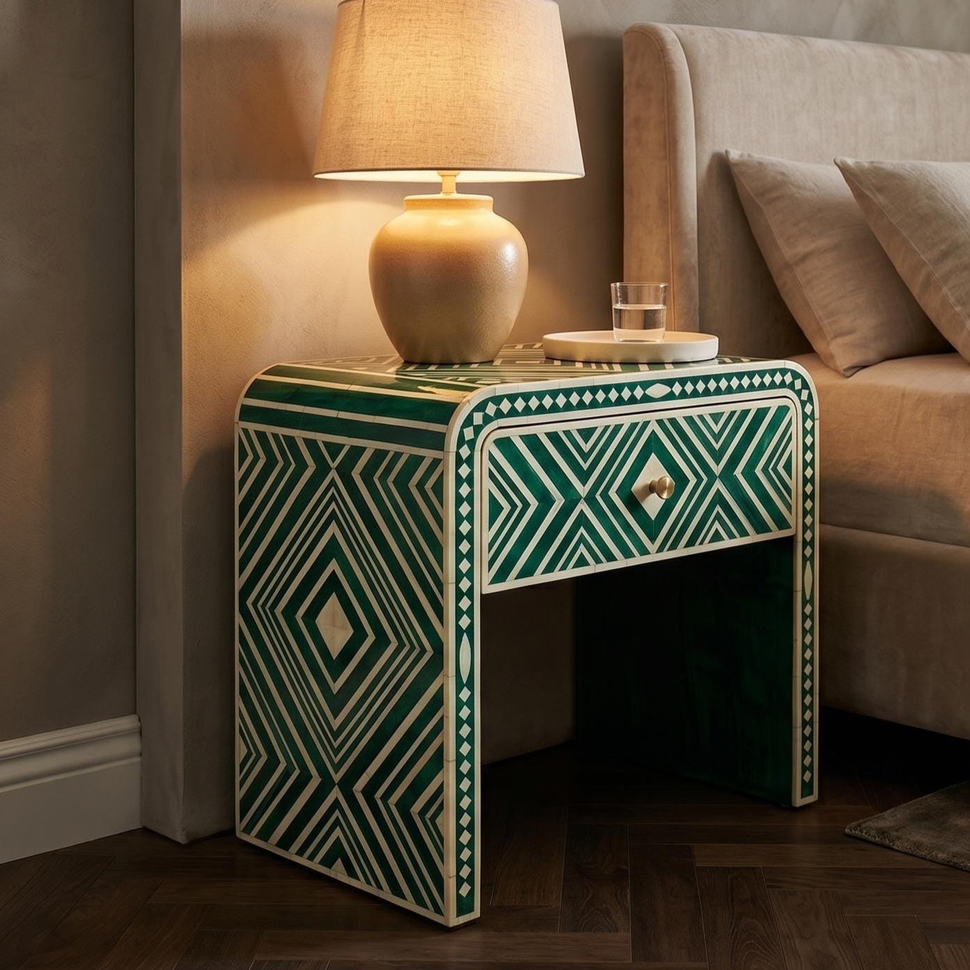 Emerald Green Bone Inlay Bedside Table Geometric Waterfall Design - Alternate View 1