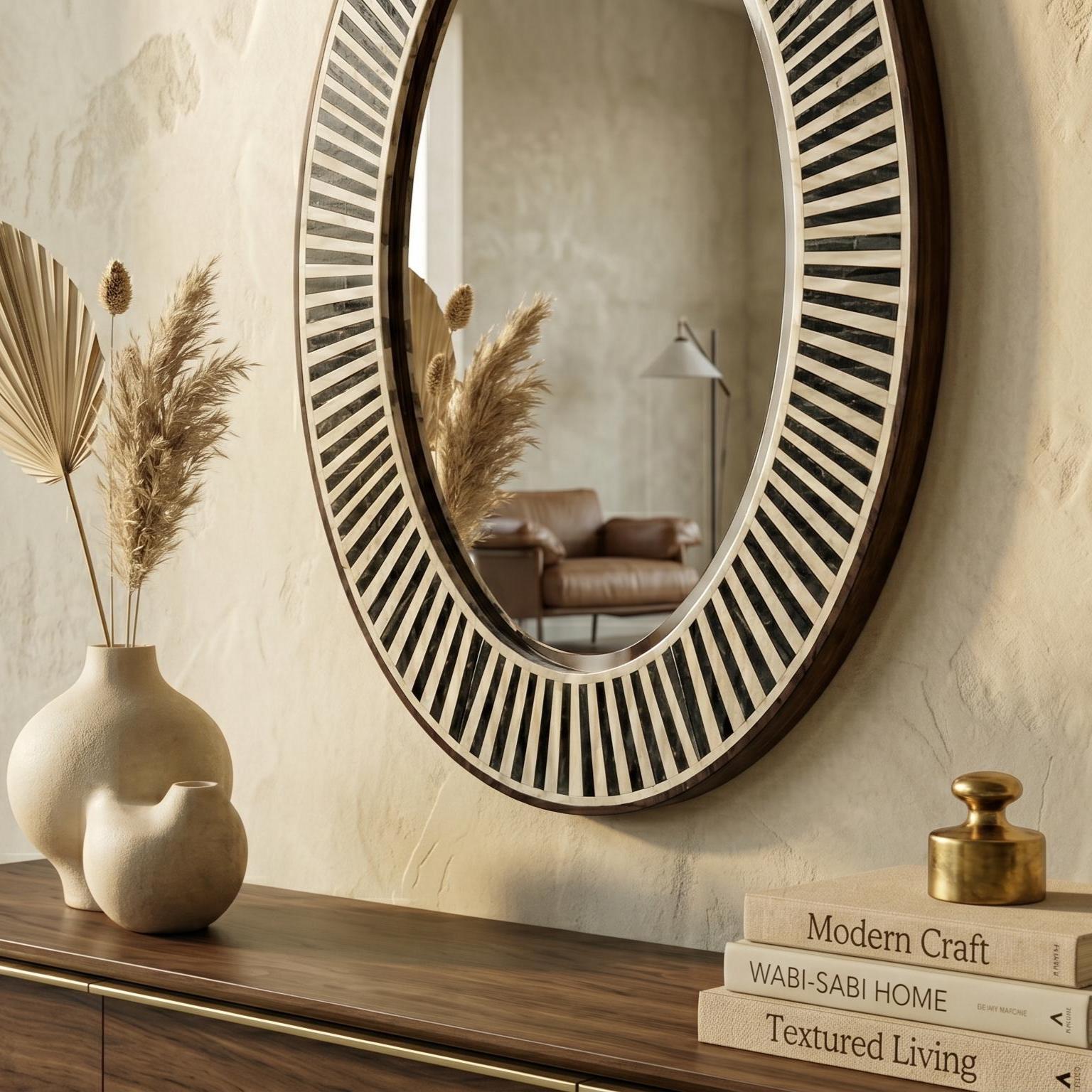 Oval Bone Inlay Mirror Black White Stripe Vanity Decor - Detail Close-up