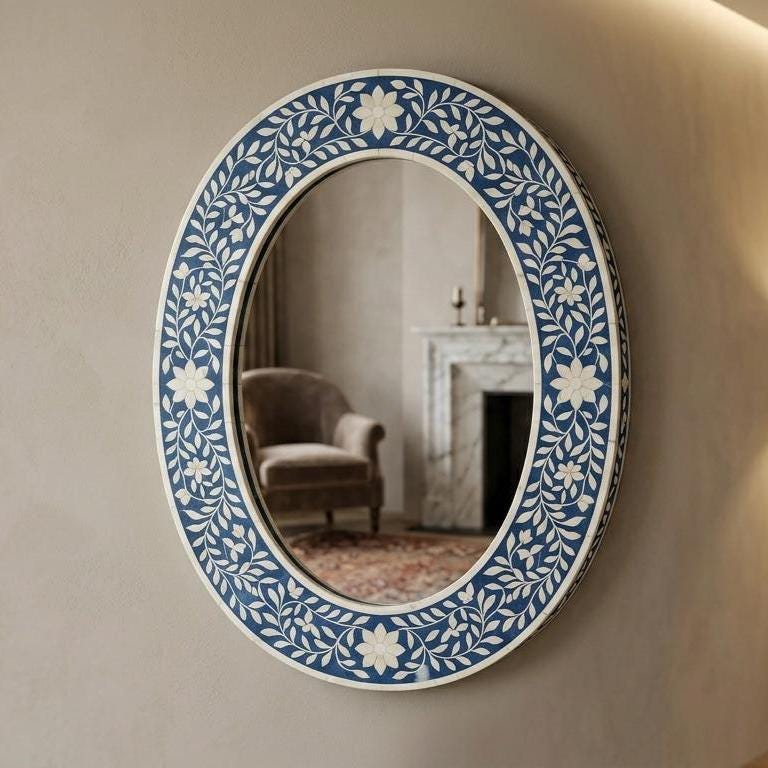Blue Bone Inlay Oval Floral Wall Mirror Handmade Luxury Boho Home Decor  | unique mirror - Detail Close-up