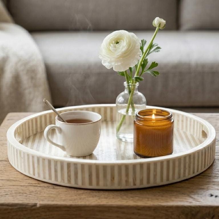 Round Serving Tray Bone Inlay Stripe Pattern Handmade vanity Decor - Room Setting