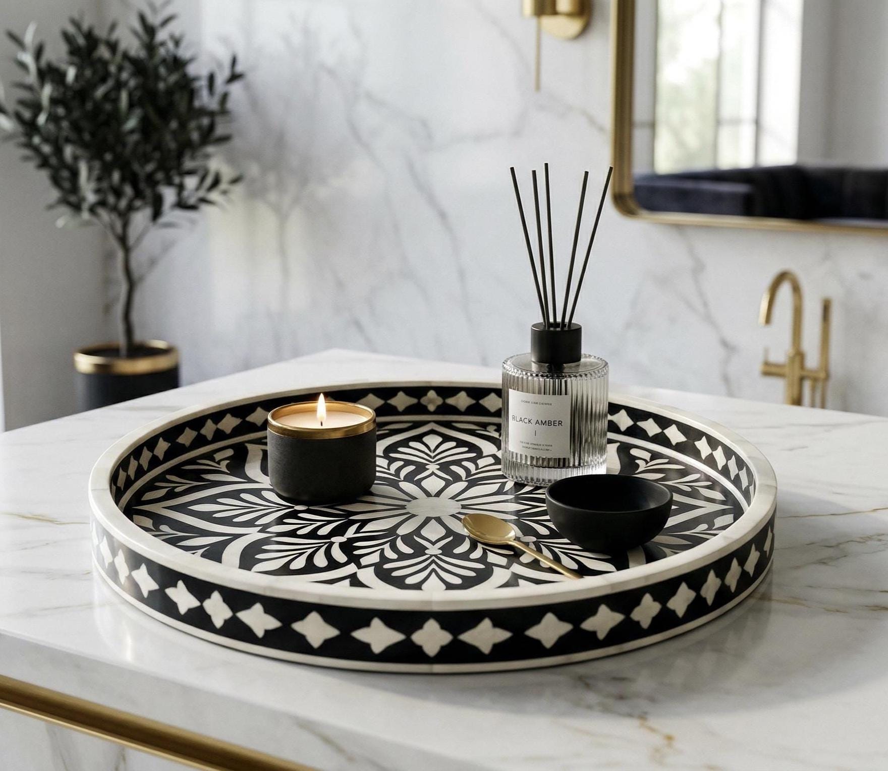 Round Tray Floral Bone Inlay Handmade Serving Vanity Decor - Room Setting