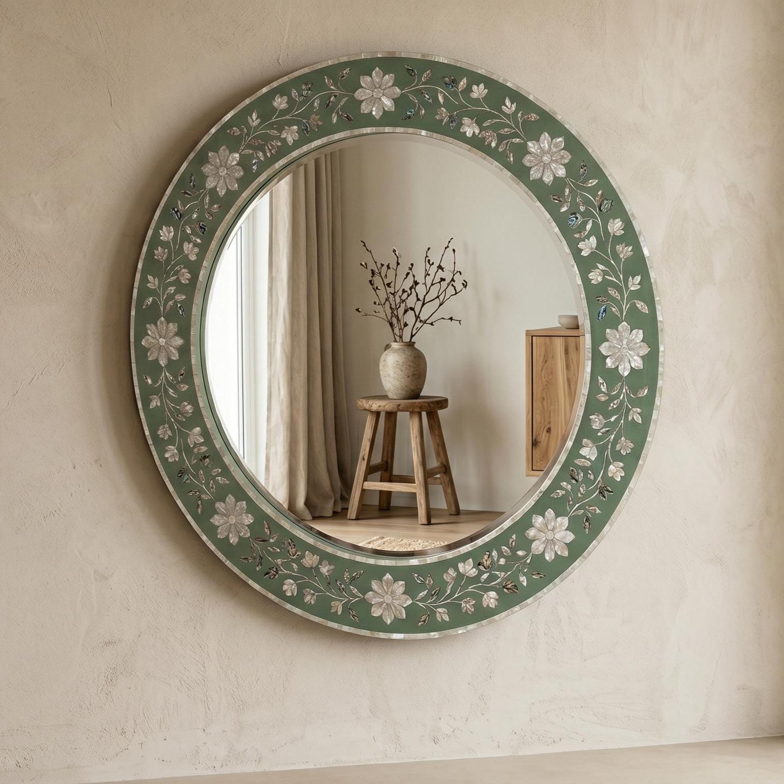 Sage Green Mother of Pearl Floral Inlay Mirror Luxury Wall Decor - Alternate View 2
