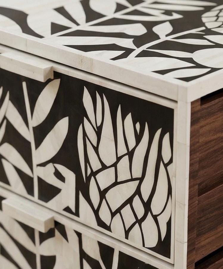 bone inlay Floral Protea Nightstand Handmade Side Table - Detail Close-up