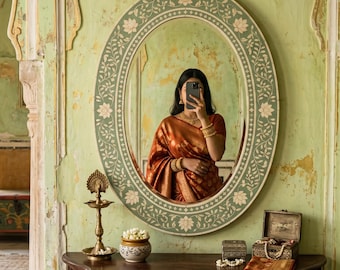 Vintage Indian Oval Mirror Sage Green Floral Bone Inlay Wall Decor