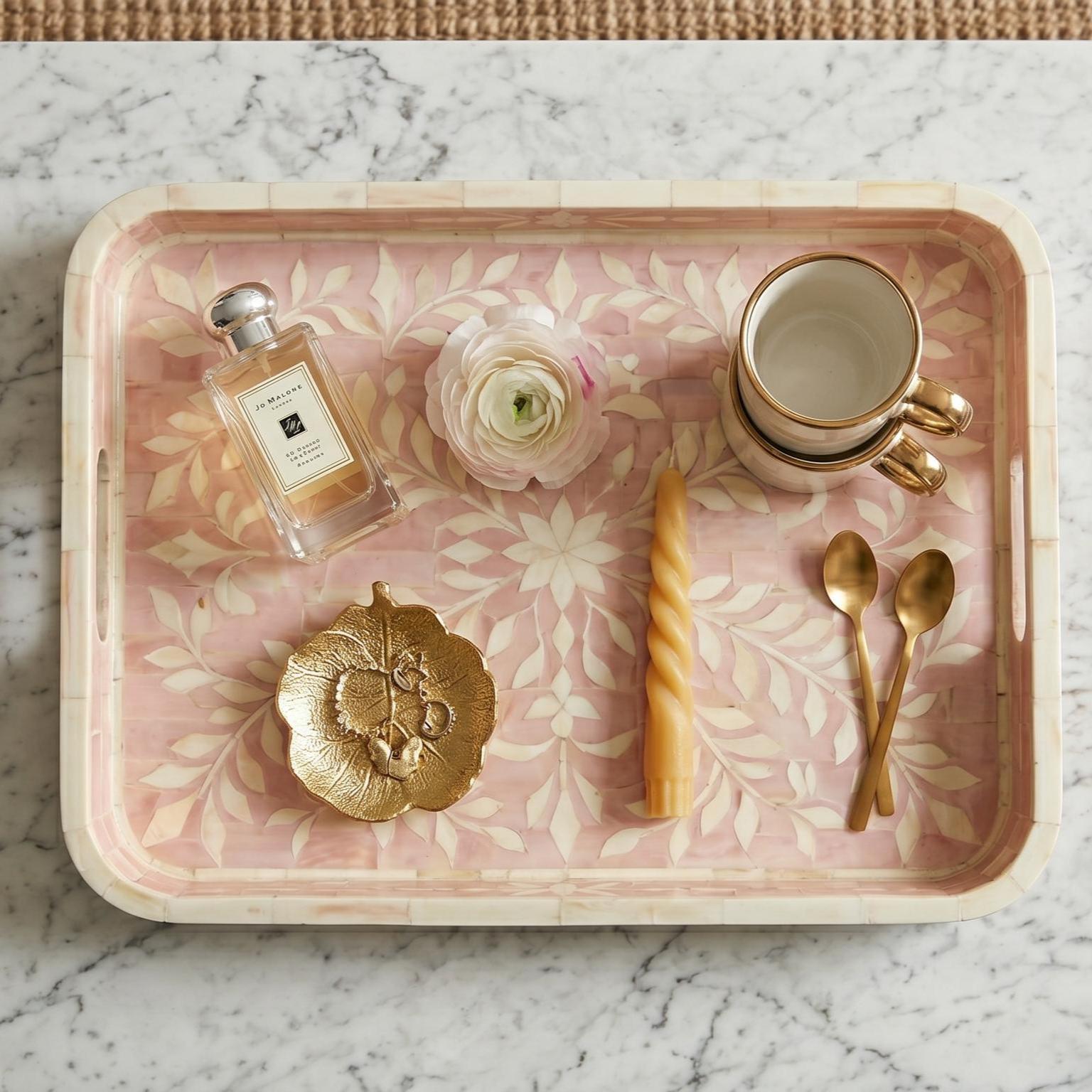 Blush Pink Floral Bone Inlay Tray Rounded Edge Serving & decorativeTray - Alternate View 1