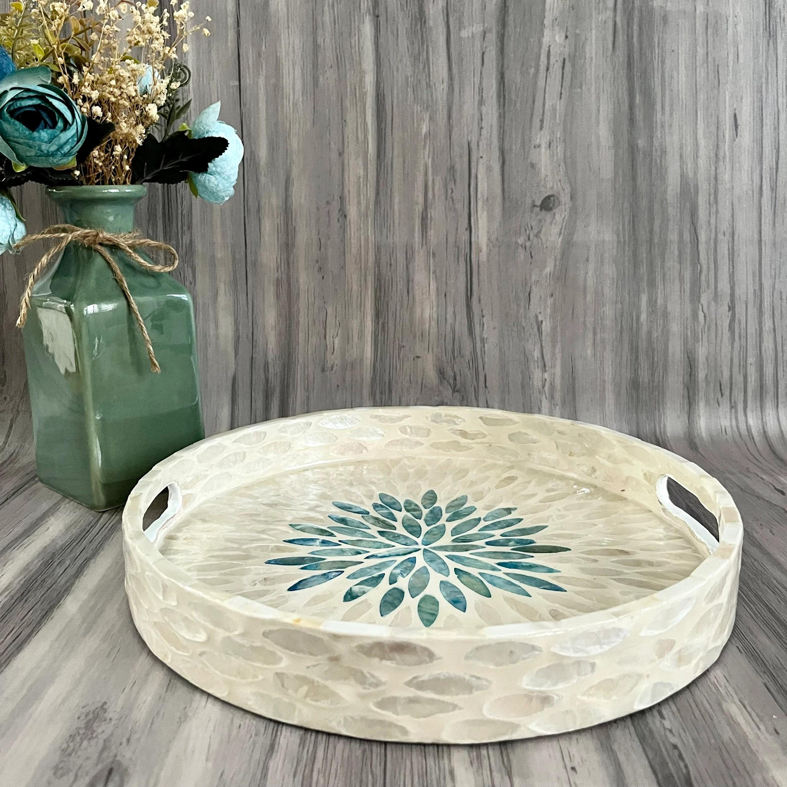 Mother of Pearl Mosaic Round Tray Handmade Home Decor - Detail Close-up