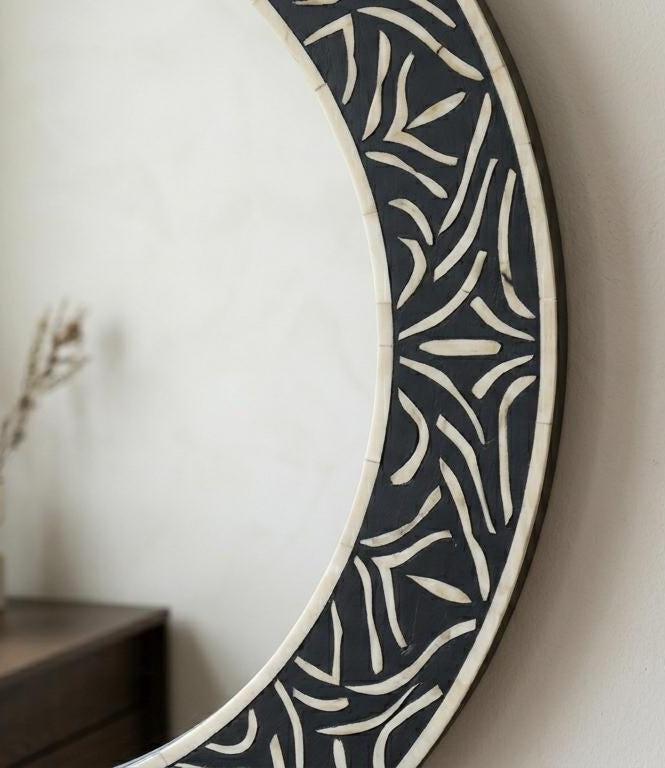 Handcrafted Bone Inlay Mirror | Half Plain, Half Abstract Pattern, Modern Design - Detail Close-up