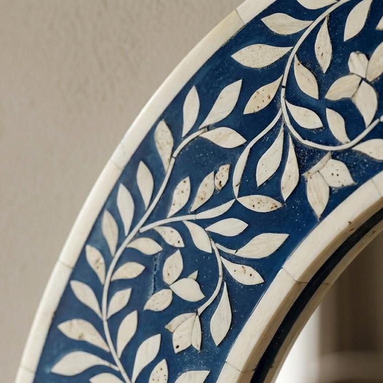 Blue Bone Inlay Oval Floral Wall Mirror Handmade Luxury Boho Home Decor  | unique mirror - Side Angle