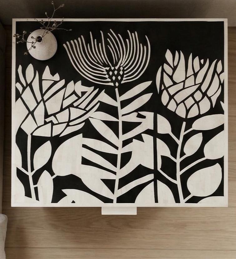 bone inlay Floral Protea Nightstand Handmade Side Table - Full Profile