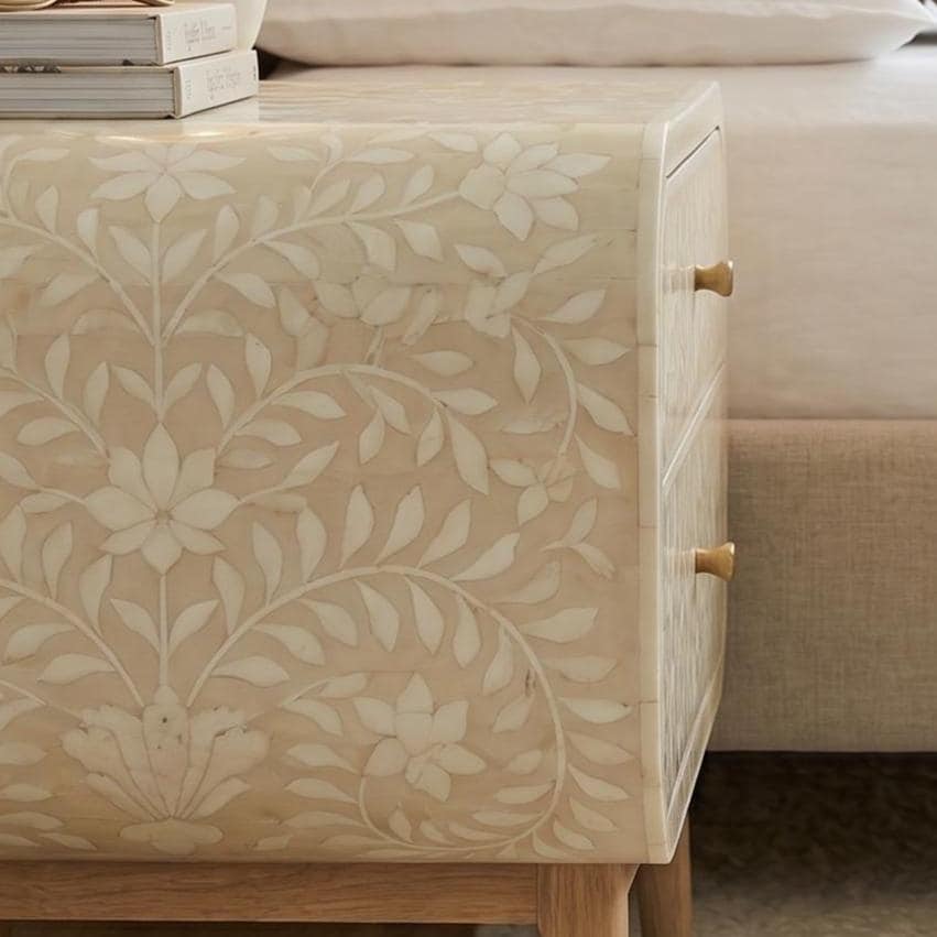 Bone Inlay floral Curved Bedside Table Floral Handmade Nightstand - Alternate View 1