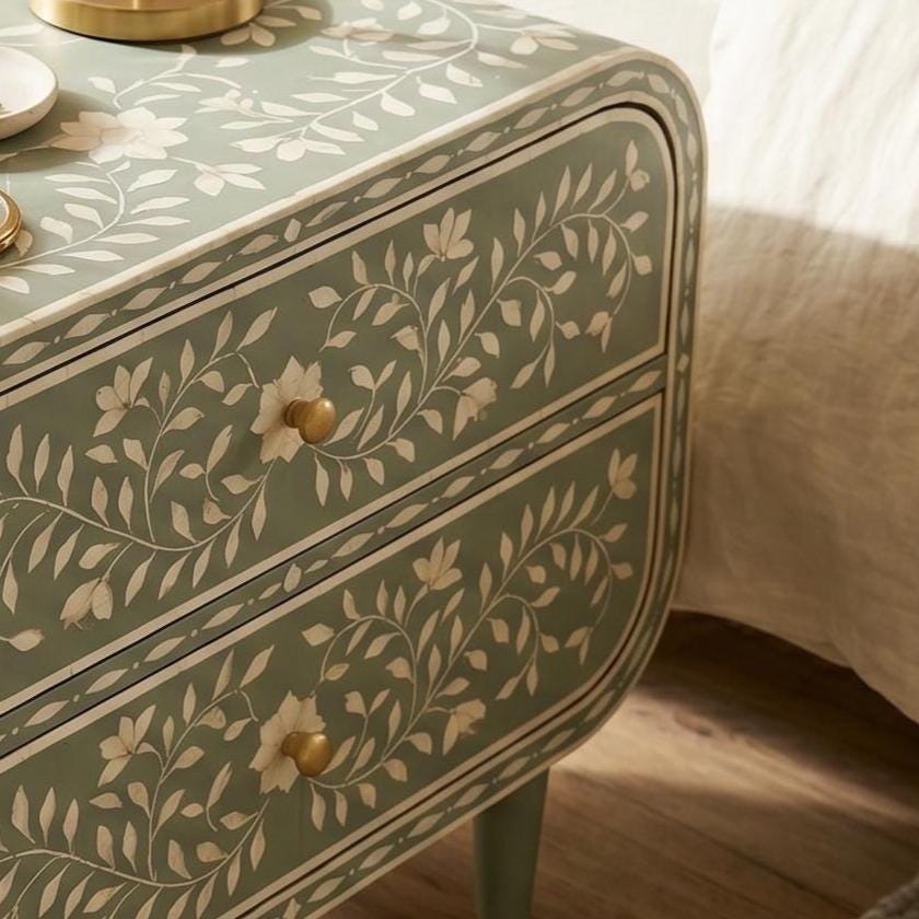 Sage Green Bone Inlay Nightstand Rounded Luxury Design - Alternate View 2