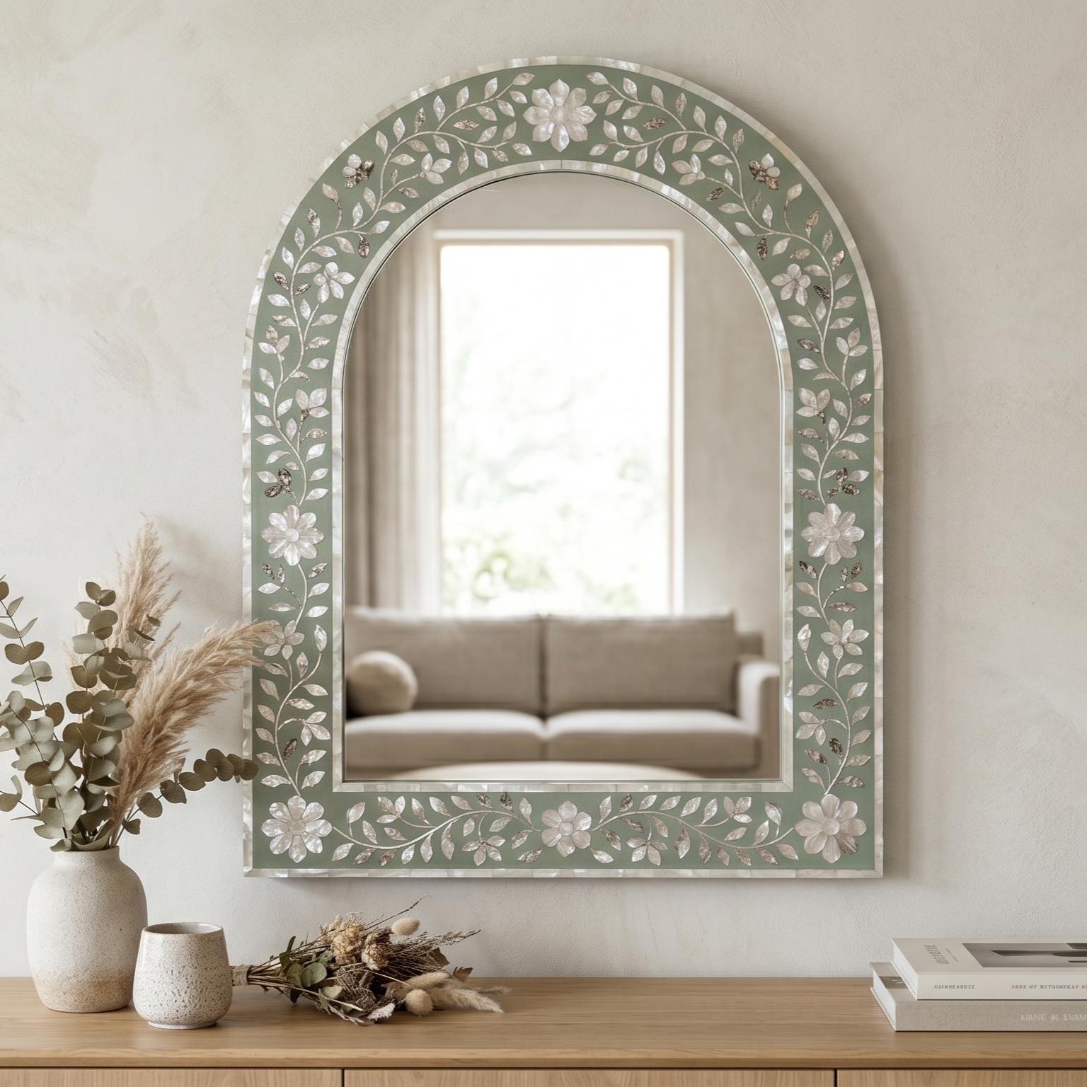 Sage Green Mother of Pearl Arch Mirror Floral Wall Decor vanity decor - Room Setting